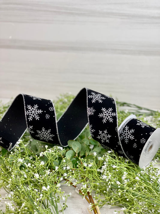 2.5 Inch By 10 Yard Black Background With Silver Glitter Snowflake Ribbon