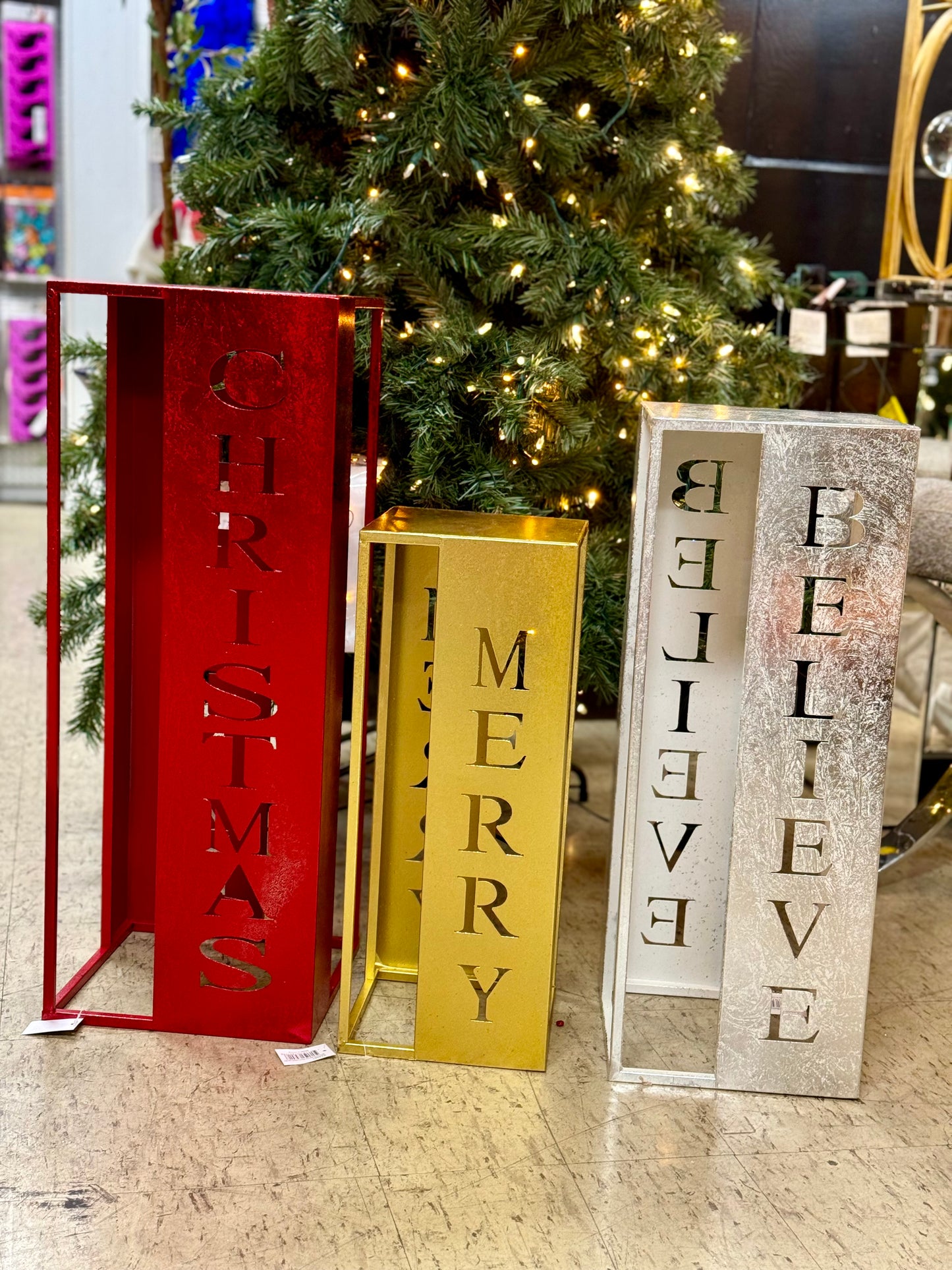 Set Of Three Holiday Cutout Word Lanterns