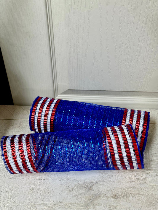 10 Inch By 10 Yard Red White And Blue Foil Matte Extra Large Border Mesh