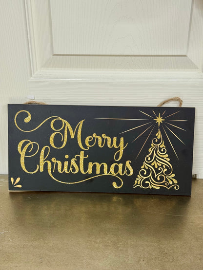 12.5 Inch Black And Gold Merry Christmas Swirl Tree Wooden Sign