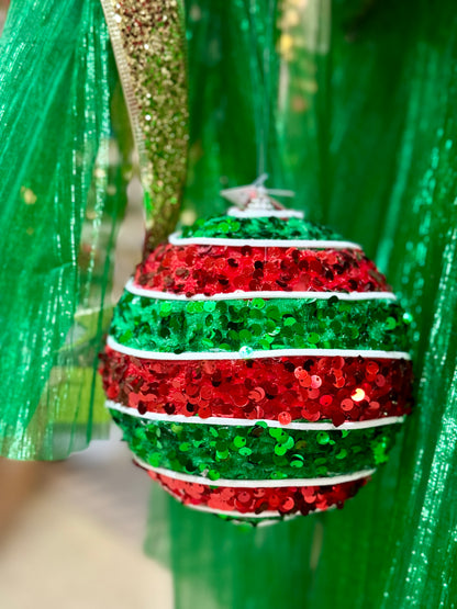 5.5 Inch Red And Emerald Green Sequin Striped Ornament Ball