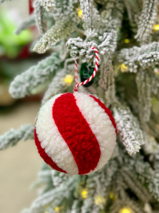 4 Inch Red And White Whimsical Wool Peppermint Stripe Ornament Ball