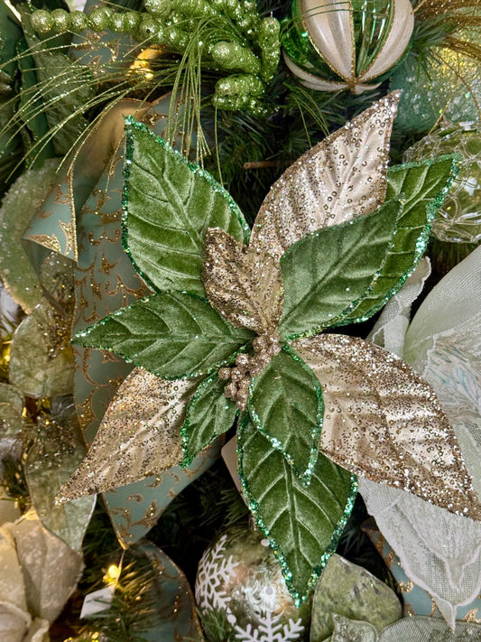 12 Inch Sage Green And Champagne Metallic Velvet Poinsettia Spray