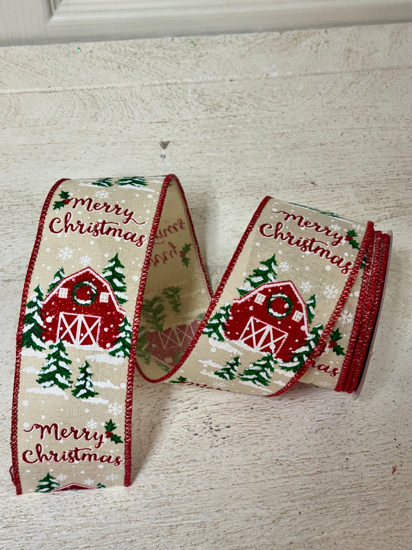 2.5 Inch By 10 Yards Merry Christmas Barn Ribbon