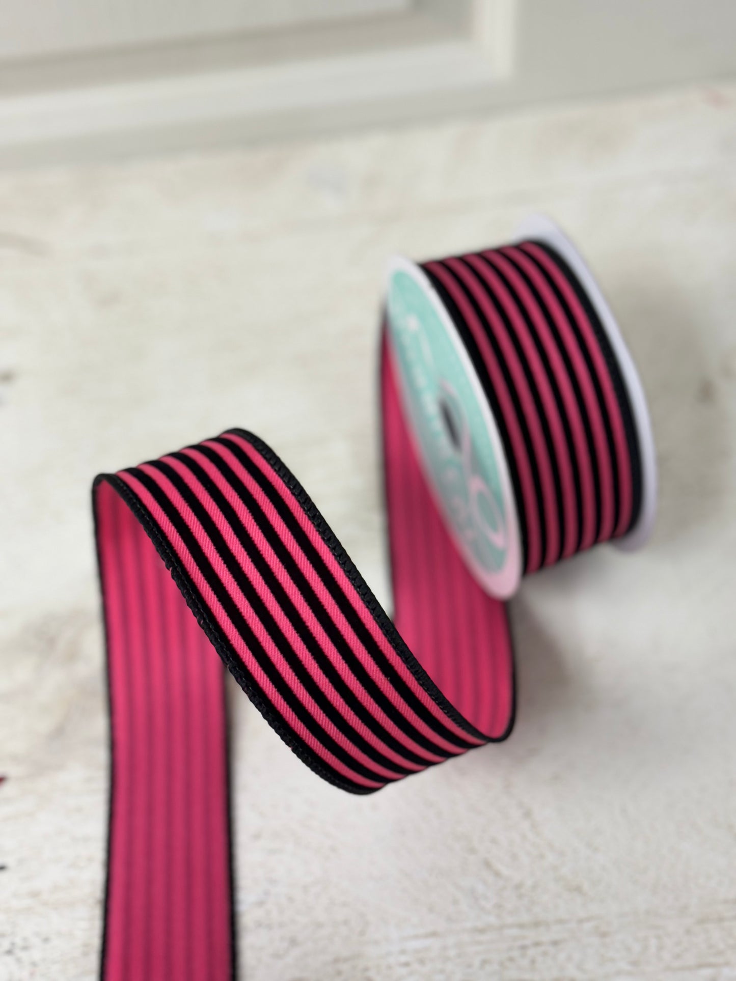 1.5 Inch By 10 Yard Pink And Black Velvet Striped Ribbon