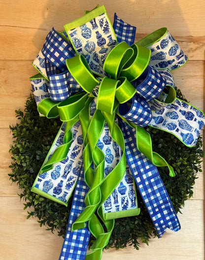 Sophie Blue Chinoserie And Green Premade Bow