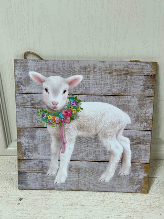 10 Inch Lamb With Floral Wreath Sign