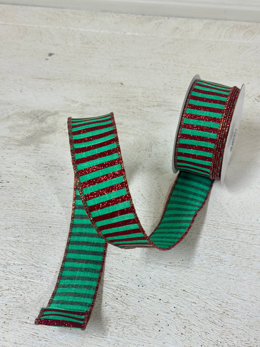 1.5 Inch By 10 Yard Jade And Red Glitter Stripe Ribbon