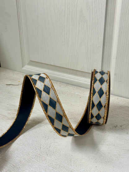 1.5 Inch By 10 Yard Black Gold And Cream Antique Harlequin Fused Ribbon