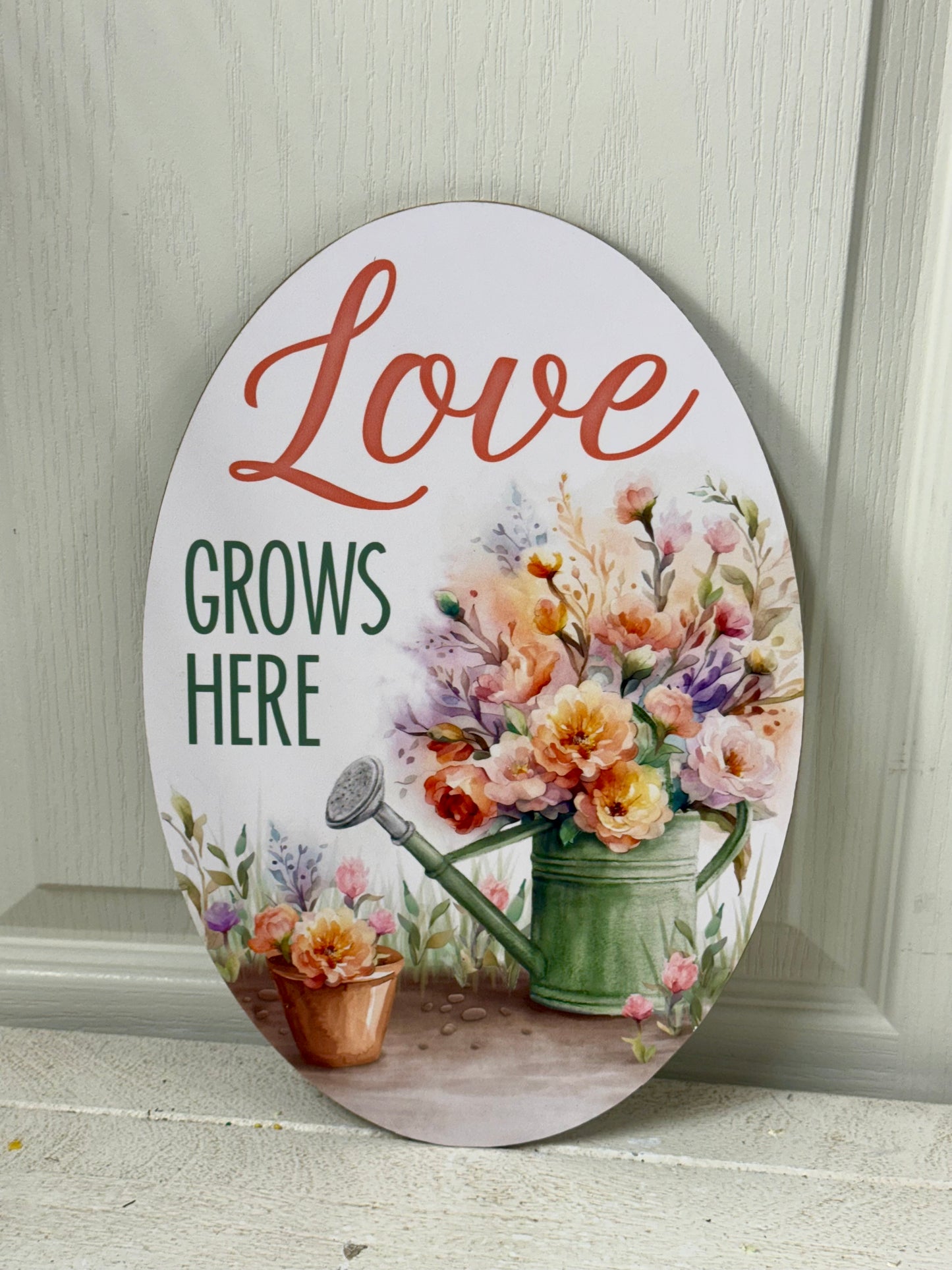13 Inch Love Grows Here Floral Wreath Sign