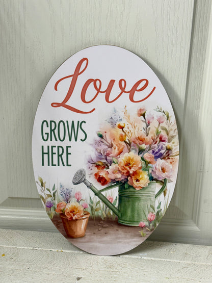 13 Inch Love Grows Here Floral Wreath Sign