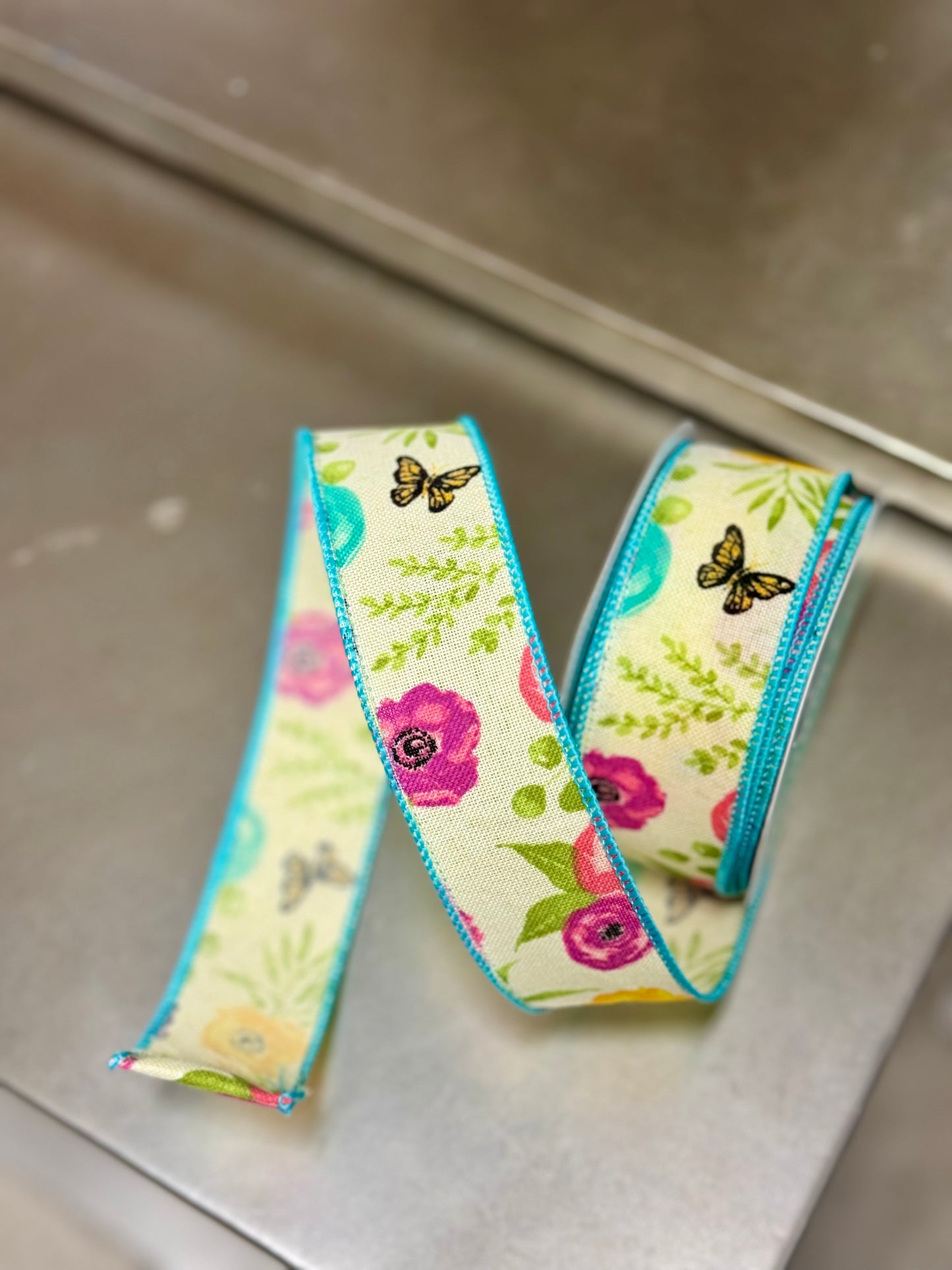 1.5 Inch By 10 Yard Wildflowers And Butterfly Cream Ribbon