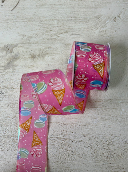 2.5 Inch By 10 Yard Pink Ice Cream Cones And Macaroons Ribbon