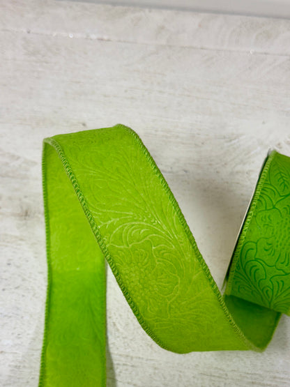 1.5 Inch By 10 Yard Lime Green Floral Leaves Ribbon