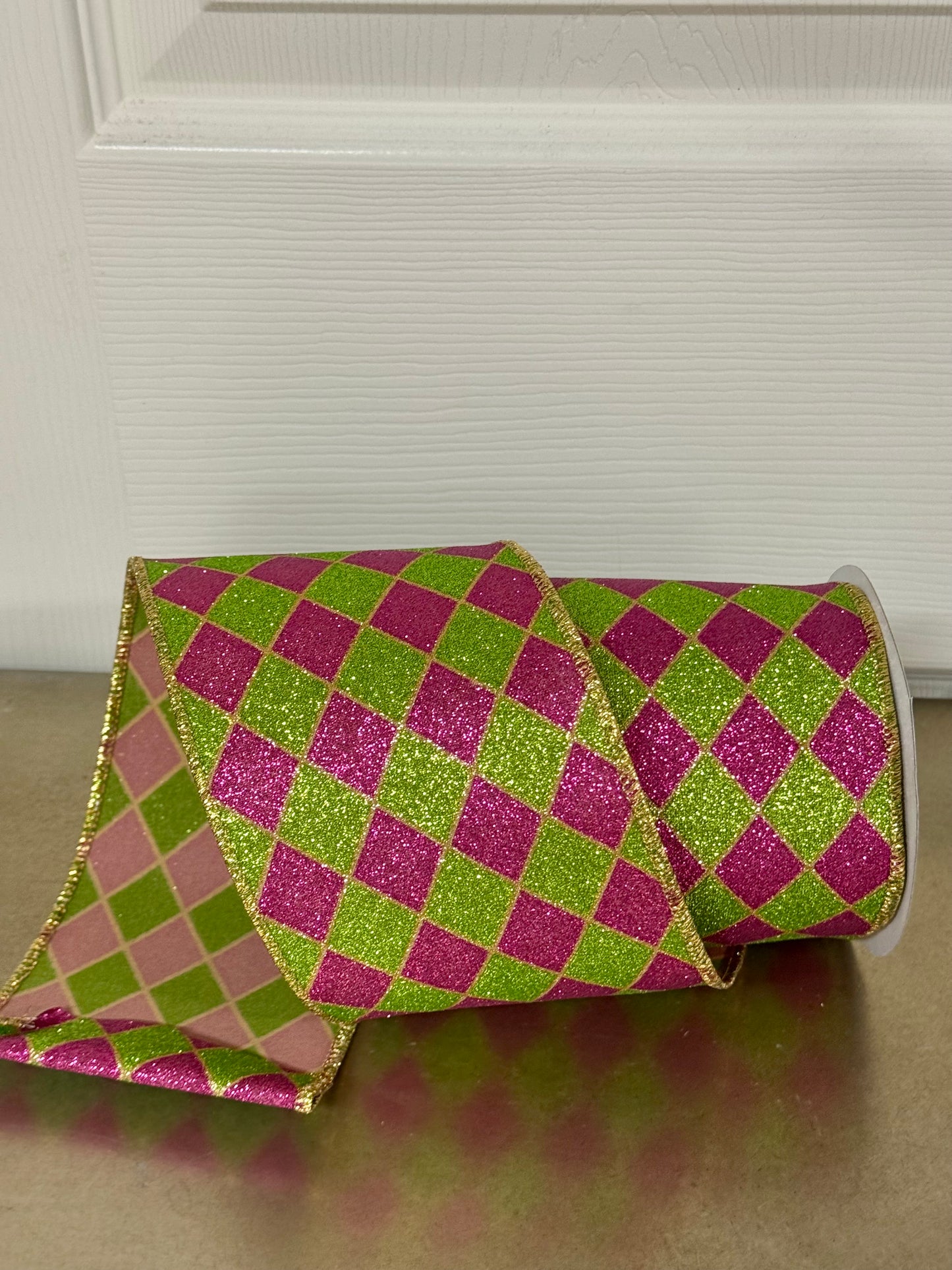 4 Inch By 10 Yard Hot Pink And Lime Glitter Harlequin Ribbon