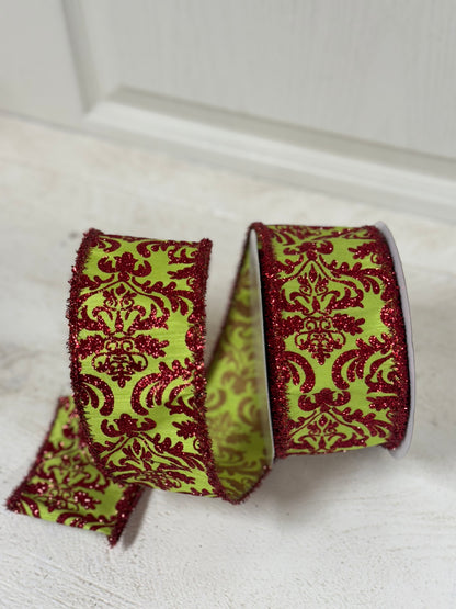 2.5 Inch By 10 Yard Spring Green And Red Damask Ribbon With Red Tinsel Edging