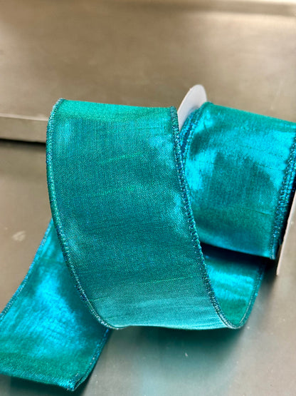 2.5 Inch By 10 Yard Turquoise Metallic Dupioni Ribbon