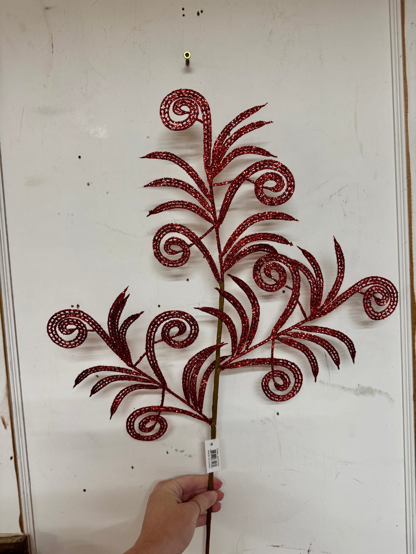 35 Inch Red Glittered Swirl Palm Spray