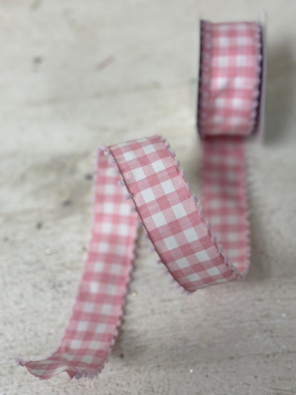 1.5 Inch By 10 Yard Pink And White Check Ribbon With White Pom Pom