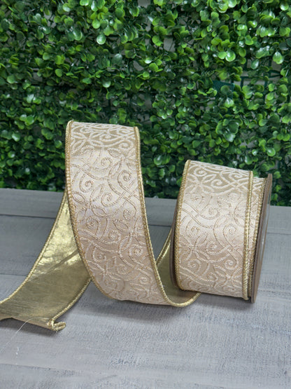 2.5 Inch By 10 Yard Ivory With Gold Jacquard Fused Backing Ribbon