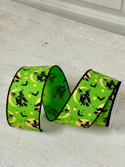 2.5 Inch By 10 Yard Lime Green Witch Flying By Moon Ribbon