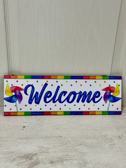 15 Inch Long Multicolor Welcome With Pinwheels Wooden Sign