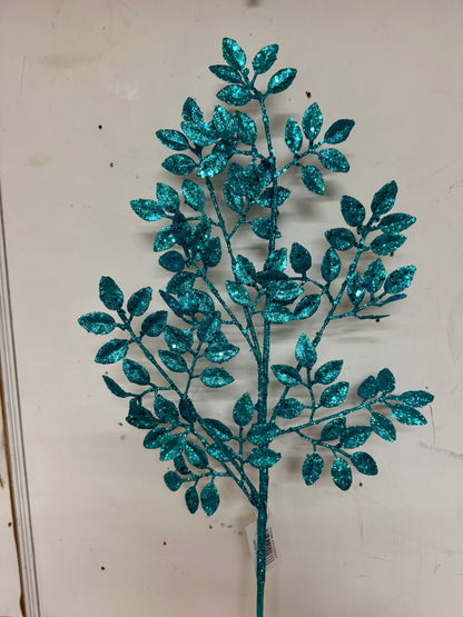 28 Inch Turquoise Glitter Leaf Spray