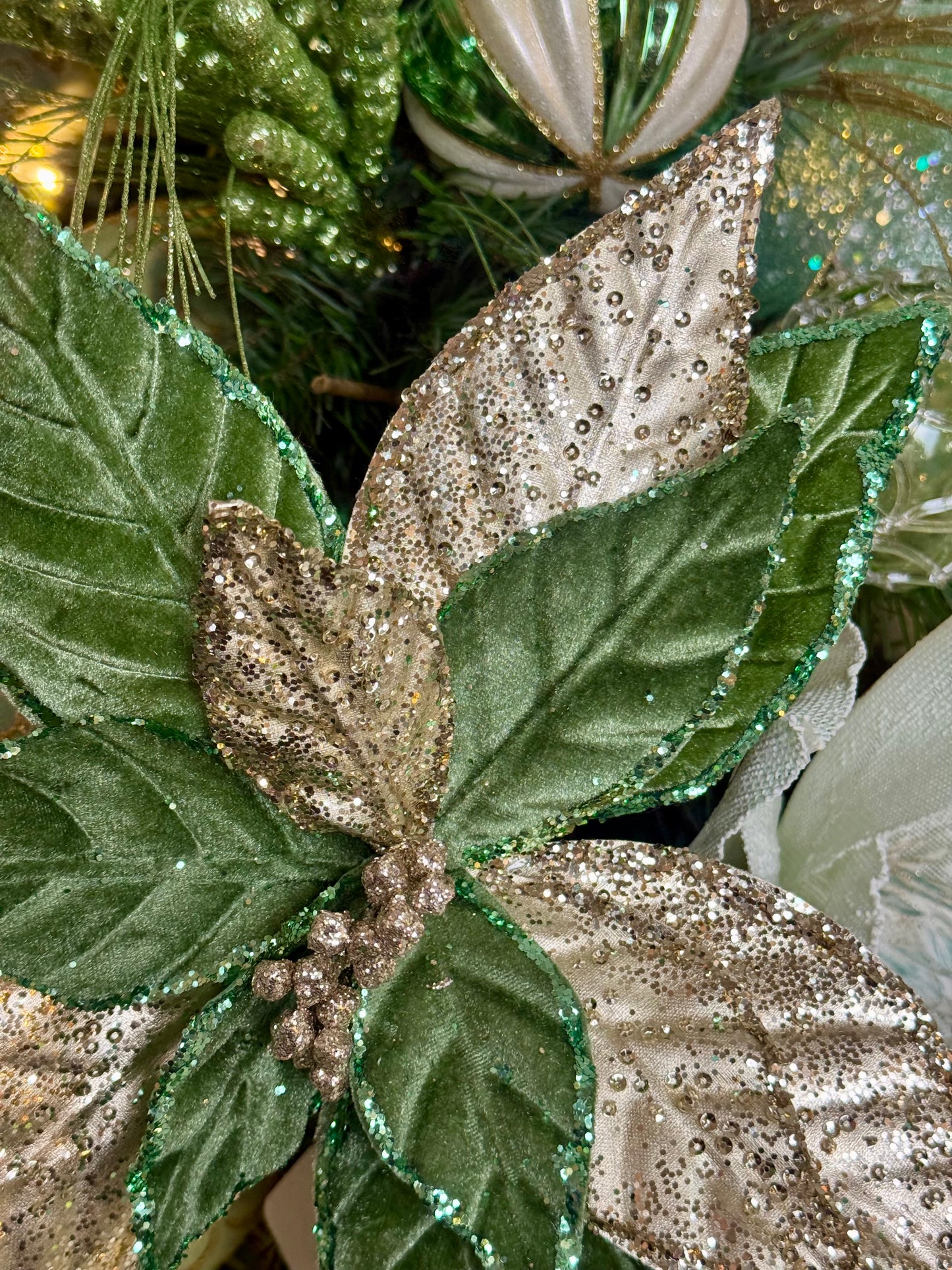 12 Inch Sage Green And Champagne Metallic Velvet Poinsettia Spray