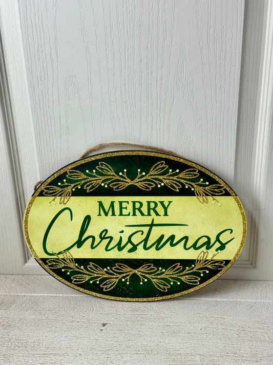 13 Inch Merry Christmas Hunter Green Oval Wooden Sign