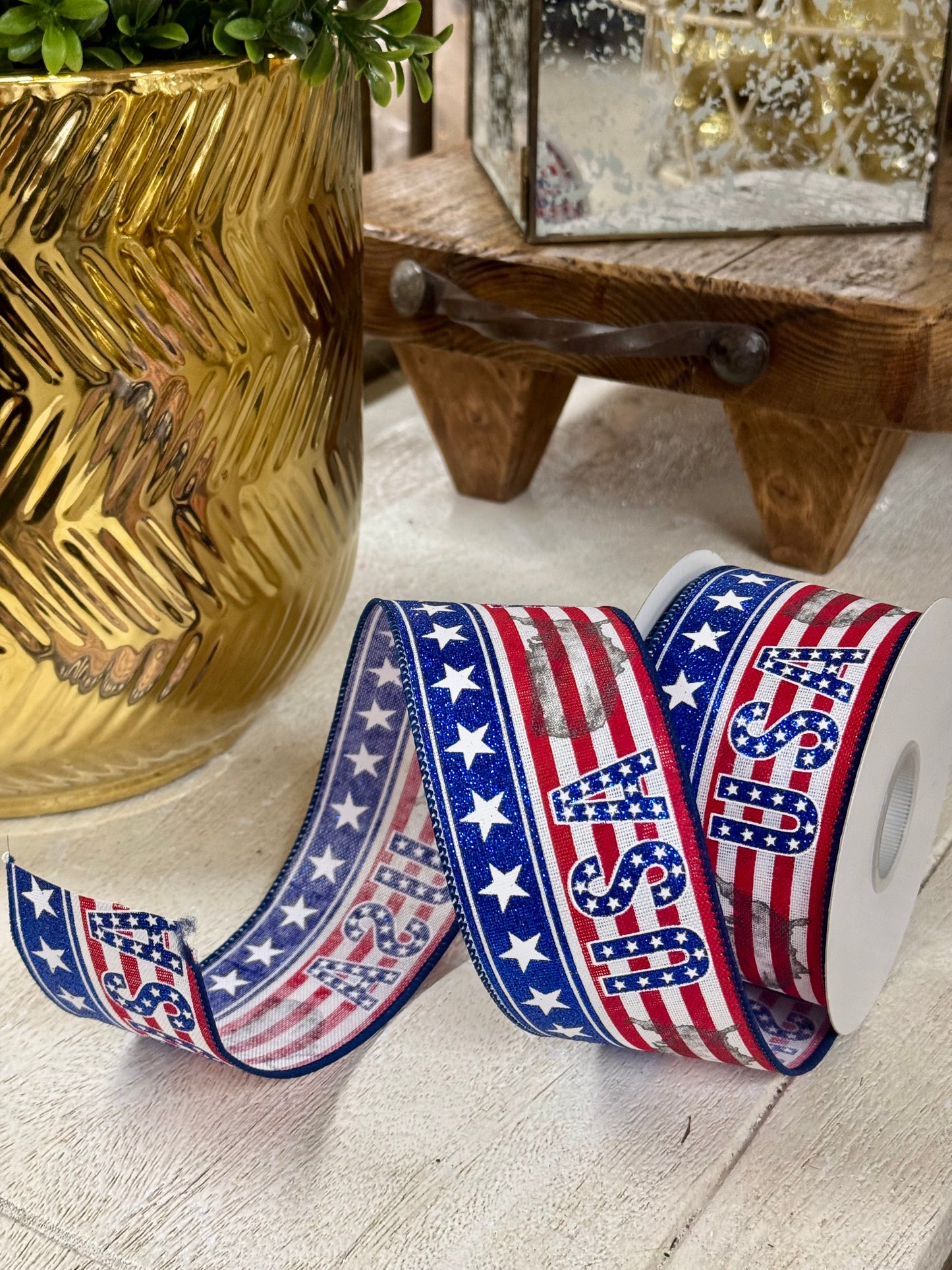 2.5 Inch By 10 Yard USA Red And Blue Glitter Ribbon