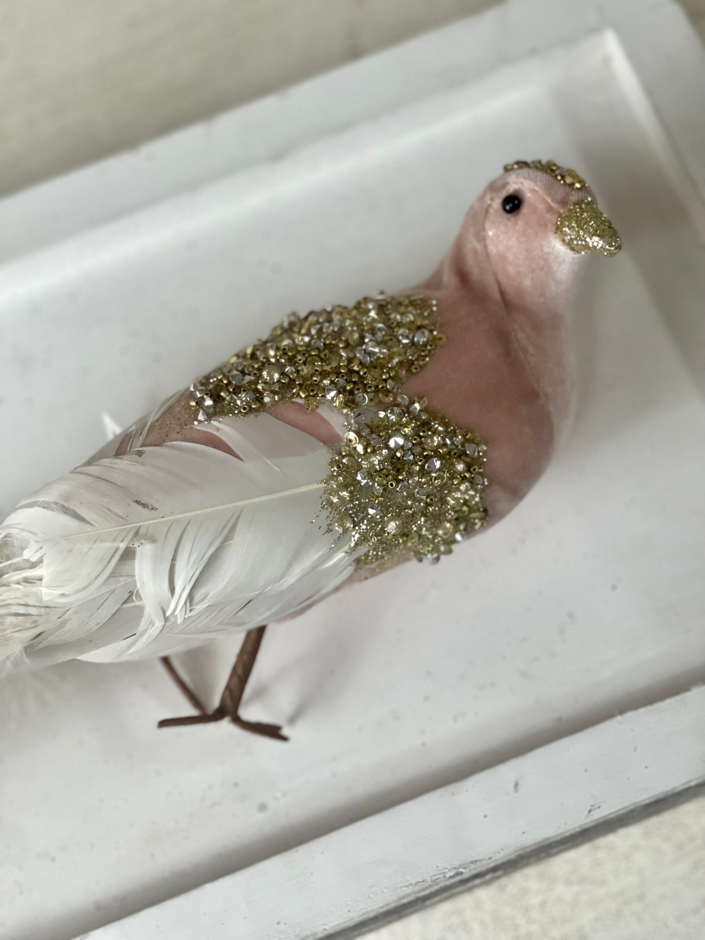 Pink And White Glitter And Rhinestones Long Tail Bird
