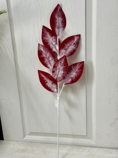 27.5 Inch Red And White Velvet Feather Leaf Spray