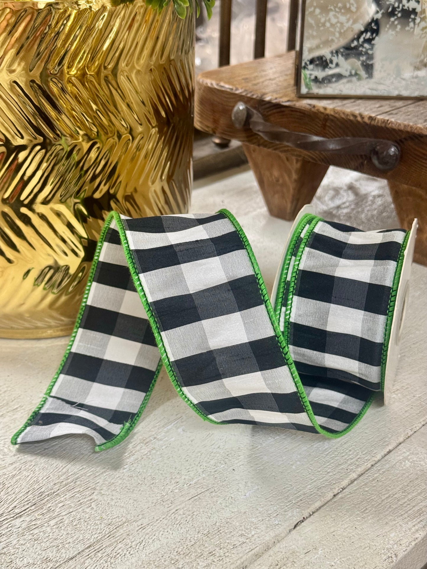 2.5 Inch By 10 Yard Black And White Gingham Check With Lime Edging Ribbon