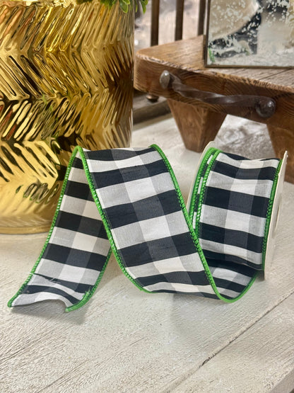 2.5 Inch By 10 Yard Black And White Gingham Check With Lime Edging Ribbon
