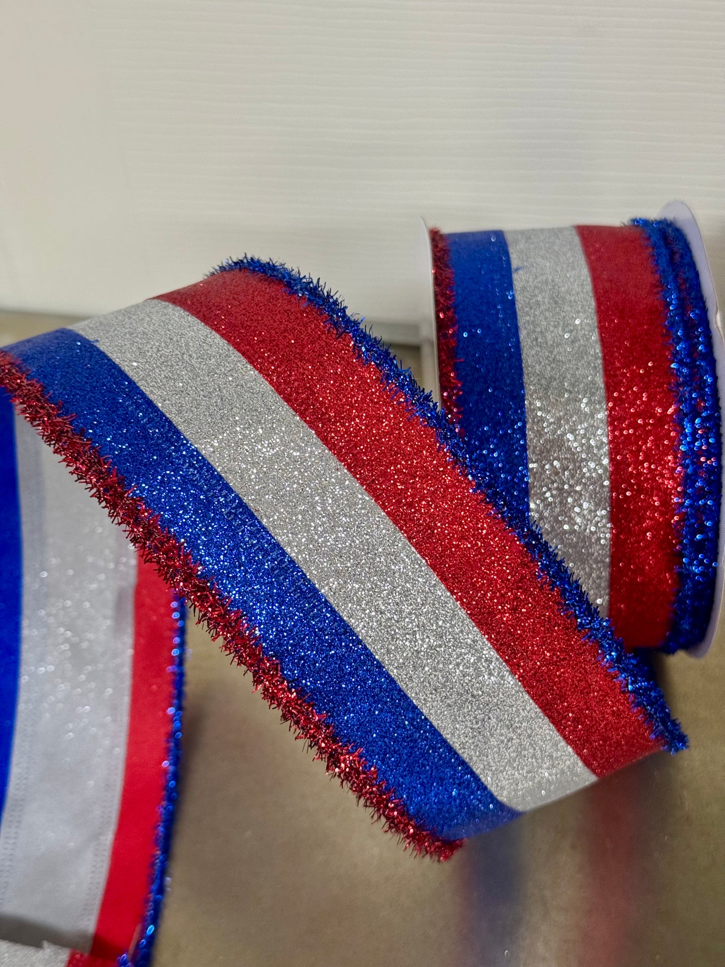 2.5 Inch By 10 Yard Royal Blue Red And Silver Striped Glitter With Tinsel Edging Ribbon