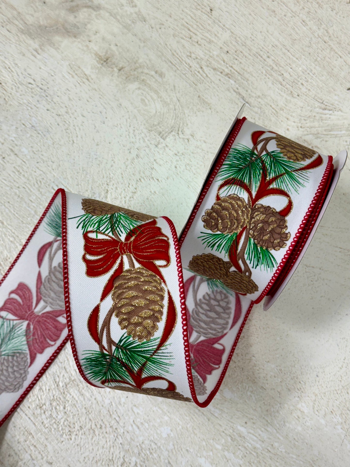 2.5 Inch By 10 Yard Pinecone And Red Bow Ribbon