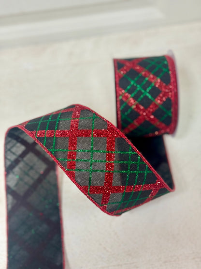 2.5 Inch By 10 Yard Black Red And Emerald Green Diagonal Plaid Ribbon