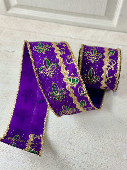 4 Inch By 10 Yard 3 In 1 Glittered Fleur De Lis Ribbon