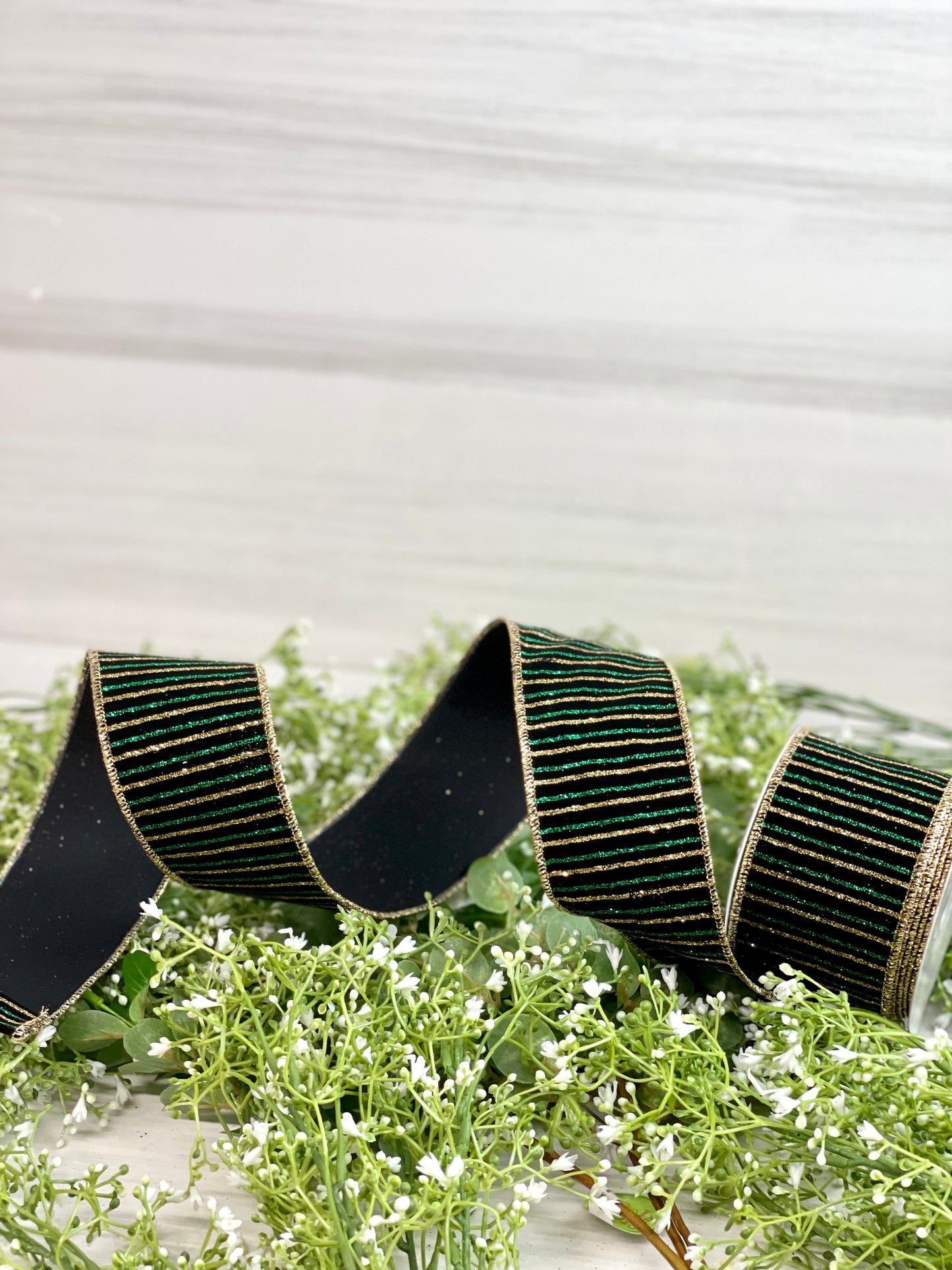 2.5 Inch By 10 Yard Black Velvet With Green And Gold Striped Ribbon