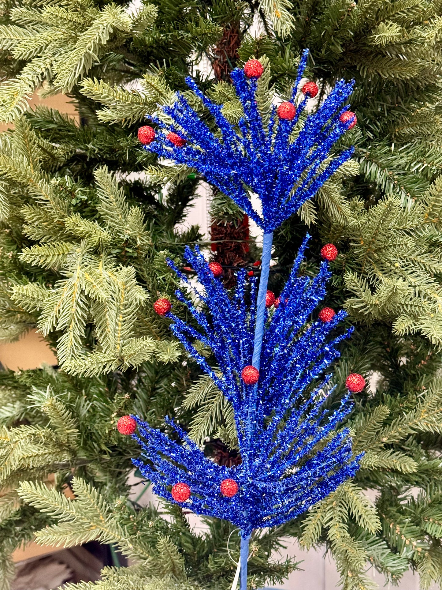 25 Inch Royal Blue And Red Glitter Pine Spray