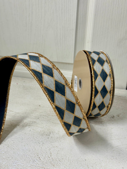 1.5 Inch By 10 Yard Black Gold And Cream Antique Harlequin Fused Ribbon