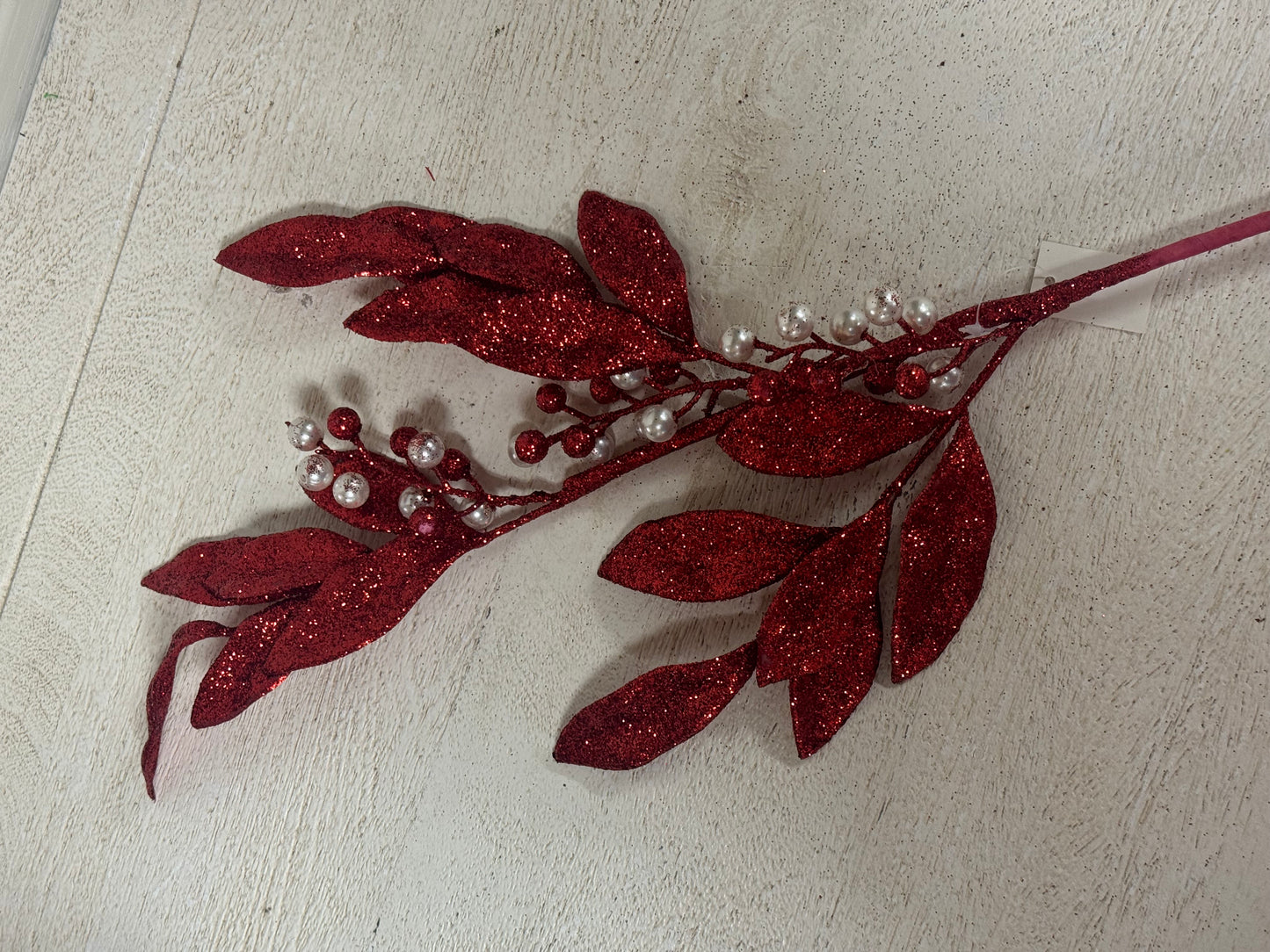 25 Inch Red Glitter Leaf Spray With Pearl Details