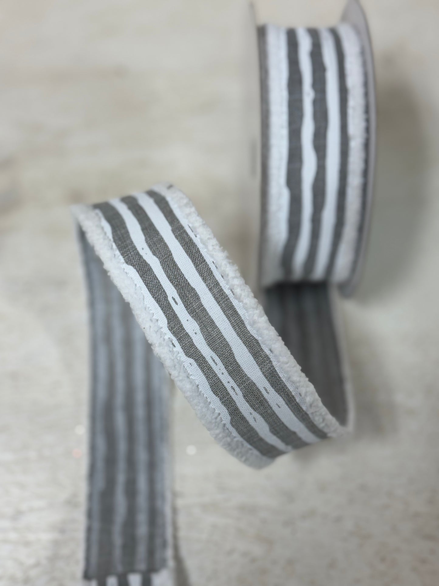 1.5 Inch By 10 Yard Light Grey And White Striped Ribbon With Snow Drift Edging