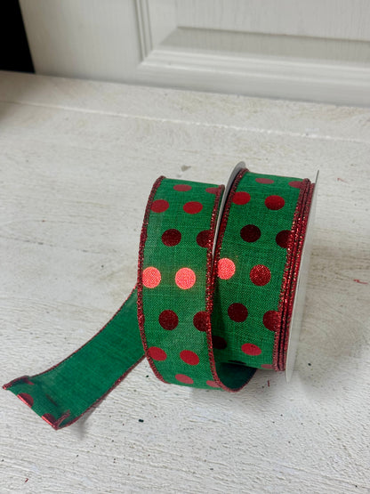 1.5 Inch By 10 Yard Emerald Green And Red Polka Dot Ribbon