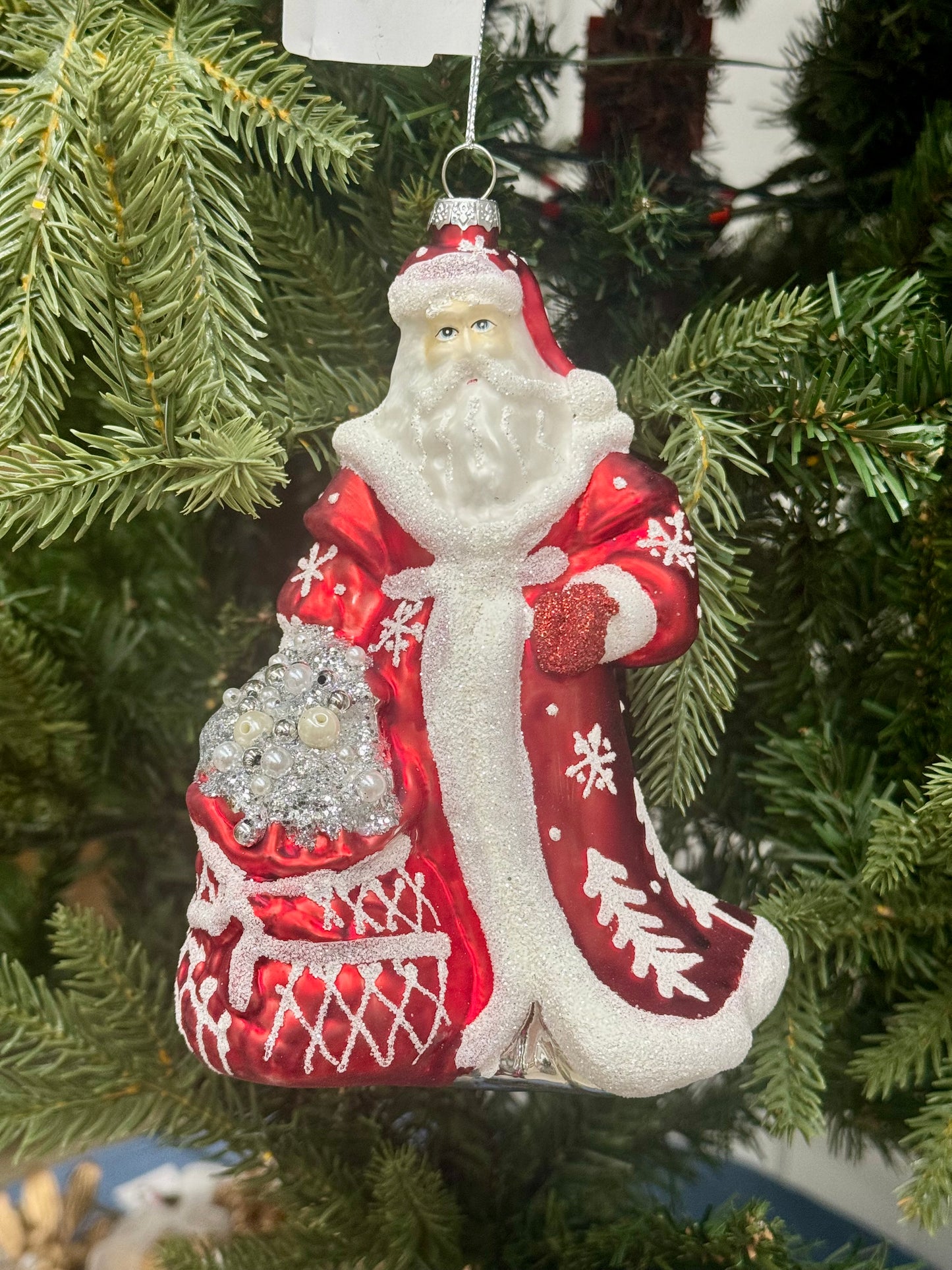 7.25 Inch Red Silver And White Santa Glass Ornament