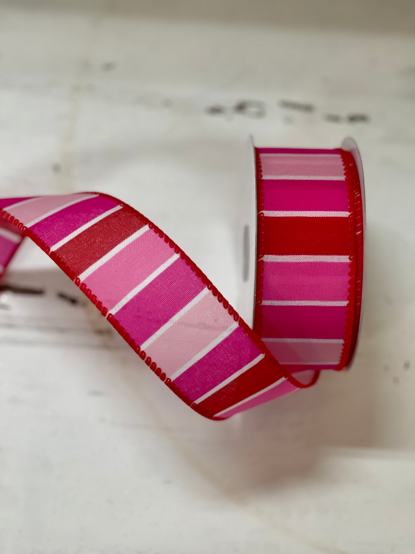 1.5 Inch By 10 Yard Red Pink And White Striped Ribbon