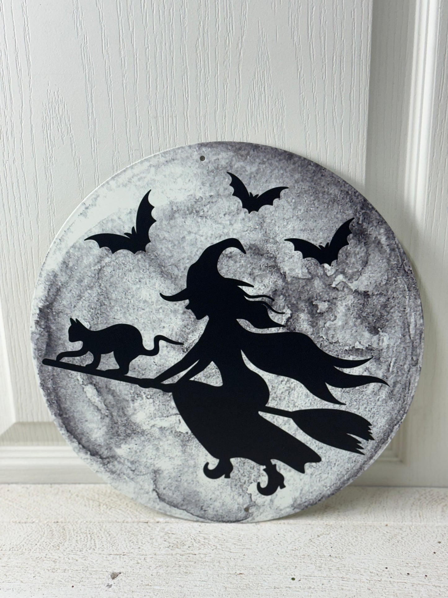 12 Inch Black And Grey Witch Flying By Moon Metal Sign