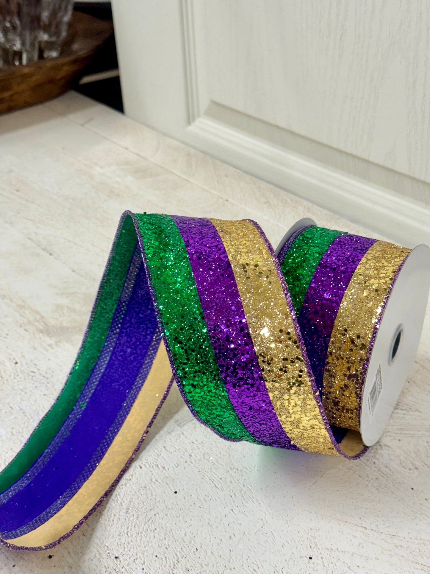 2.5 Inch By 10 Yard Mardi Gras Large Glitter Stripe Ribbon