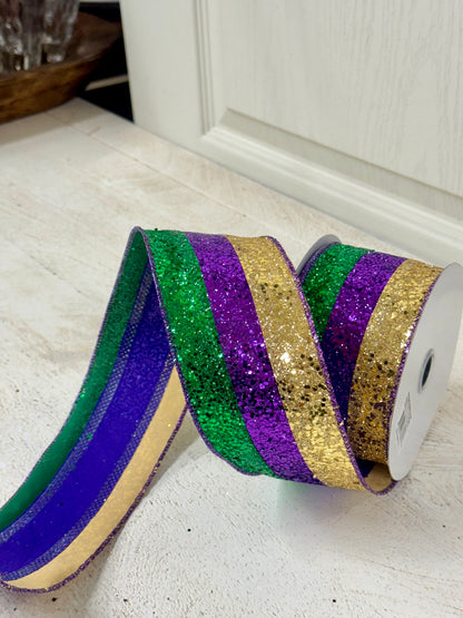 2.5 Inch By 10 Yard Mardi Gras Large Glitter Stripe Ribbon