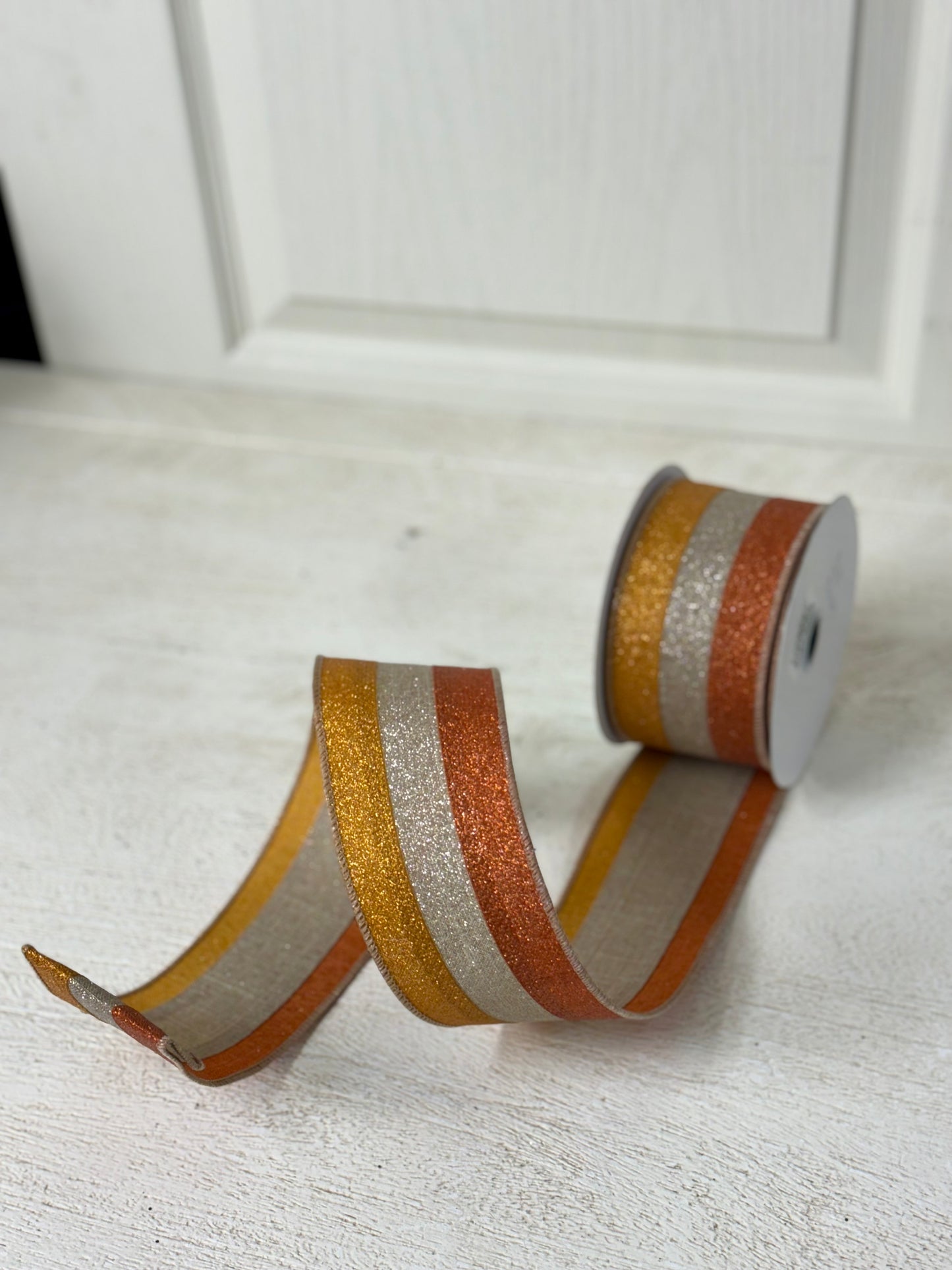 2.5 Inch By 10 Yard Pumpkin Taupe Mustard Striped Ribbon